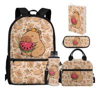 Luarisgur Kids Backpack Girls Backpack with Lunch Box Water Bottle Holder Pencil Case Book Cover 5PCS Back to School Supplies, Watermelon Capybara, L, Animals Style School Backpack