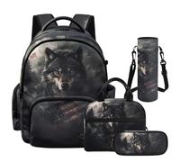 Luarisgur School Backpack Girls Backpack with Lunch Box Set 4 in 1 Large Capacity Elementary School Backpacks for Girls, American Flag Wolf, L, Animals Style School Backpack