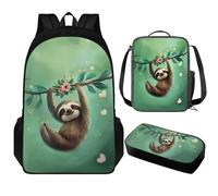 Luarisgur Sloth Girls Bookbag and Lunch Box Ages 8-10 Green Cute Backpack for School Student Children Schoolbag Set with Insulated Lunch Bag Kids Boys Big Pencil Case Zipper for Elementary Preschool