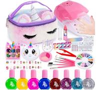 Lubibi 45PCS Kids Nail Varnish Set For Girls, Glitter Nail Polish, Peel-Off Water-Based Quick Dry Nail Polish With Nail Dryer, False Nail, Stickers, Gem, Unicorn Vanity Bag, Unicorn Gifts for Girls