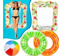 Lubibi Inflatable Pool Float Set, 4pcs Swimming Pool Inflatables with Float Pool Hammock, 2 Fruit Swimming Ring, Beach Ball, for Kids Adults, Family, Summer Pool Party