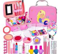 Lubibi Makeup Set for Girls, 24 Pc Washable Real Make Up Kit with Mermaid Cosmetic Case, Non-Toxic Kids Makeup Set, Children Play Make-Up Toy Mermaid Gift for Ages 3-8