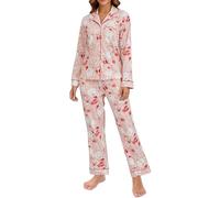 LUBOT 100% Cotton Christmas Pyjamas Set for Women Ladies, Long Sleeve Button Down Pajamas, Two Piece Pjs for Female Sets Sleepwear Loungewear, Knitted & High Elasticity, Pink Santa Claus, S