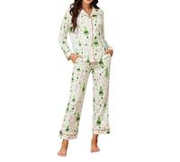 LUBOT 100% Cotton Christmas Pyjamas Set for Women Ladies, Long Sleeve Button Down Pajamas, Two Piece Pjs for Female Sets Sleepwear Loungewear, Knitted & High Elasticity, Christmas Tree, L