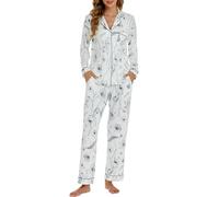 LUBOT 100% Cotton Pyjamas Set for Women Ladies, Long Sleeve Button Down Pajamas, Two Piece Pjs for Female Sets Sleepwear Loungewear, Knitted & High Elasticity, White Line Flower, L