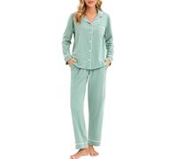LUBOT 100% Cotton Pyjamas Set for Women Ladies, Long Sleeve Button Down Pajamas, Two Piece Pjs for Female Sets Sleepwear Loungewear, Knitted & High Elasticity, Aqua Green, L