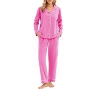 LUBOT 100% Cotton Pyjamas Set for Women Ladies, Long Sleeve Button Down Pajamas, Two Piece Pjs for Female Sets Sleepwear Loungewear, Knitted & High Elasticity, Barbie Pink, XL