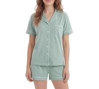 LUBOT 100% Cotton Pyjamas Set for Women Ladies, Short Sleeve Button Down Pjs, Two Piece Pajamas for Female Sleepwear Loungewear, Knitted & High Elasticity, Lake Green, XL