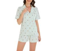 LUBOT 100% Cotton Pyjamas Set for Women Ladies, Short Sleeve Button Down Pjs, Two Piece Pajamas for Female Sleepwear Loungewear, Knitted & High Elasticity, Green Striped Bear, M