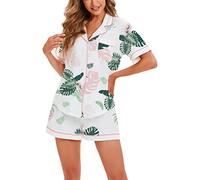 LUBOT 100% Cotton Pyjamas Set for Women Ladies, Short Sleeve Button Down Pjs, Two Piece Pajamas for Female Sleepwear Loungewear, Knitted & High Elasticity, Green Plant, S