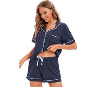 LUBOT 100% Cotton Pyjamas Set for Women Ladies, Short Sleeve Button Down Pjs, Two Piece Pajamas for Female Sleepwear Loungewear, Knitted & High Elasticity, Navy Blue, M