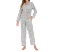 LUBOT 100% Cotton Pyjamas Set for Women Ladies, Woven Long Sleeve Button Down Pajamas, Two Piece Pjs for Female Sets Sleepwear Loungewear (Willow Leaf, L)