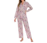 LUBOT 100% Cotton Pyjamas Set for Women Ladies, Woven Long Sleeve Button Down Pajamas, Two Piece Pjs for Female Sets Sleepwear Loungewear (Green Chrysanthemum, S)