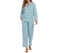 LUBOT 100% Cotton Pyjamas Set for Women Ladies, Woven Long Sleeve Button Down Pajamas, Two Piece Pjs for Female Sets Sleepwear Loungewear (Blue Leaf, XXL)
