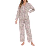 LUBOT 100% Cotton Pyjamas Set for Women Ladies, Woven Long Sleeve Button Down Pajamas, Two Piece Pjs for Female Sets Sleepwear Loungewear (Monet Garden, M)