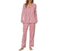 LUBOT 100% Cotton Pyjamas Set for Women Ladies, Woven Long Sleeve Button Down Pajamas, Two Piece Pjs for Female Sets Sleepwear Loungewear (Red Leopard Print, S)