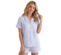 LUBOT 100% Cotton Pyjamas Set for Women Ladies, Woven Short Sleeve Button Down Pajamas, Two Piece Pjs for Female Sets Sleepwear Loungewear, Blue Strip Bow, S