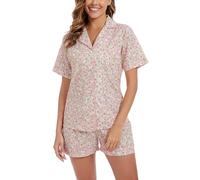 LUBOT 100% Cotton Pyjamas Set for Women Ladies, Woven Short Sleeve Button Down Pajamas, Two Piece Pjs for Female Sets Sleepwear Loungewear (Red Floral, S)