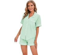 LUBOT 100% Cotton Pyjamas Set for Women, Short Sleeve Button Down Pajamas, Two Piece Pjs for Female Sets Sleepwear Loungewear Light Green