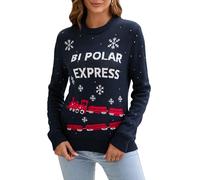 LUBOT Christmas Jumper for Women, 2025 New Xas Funny Ugly Sweaters Top Pullover, Long Sleeve Crewneck Washable Holiday Knitted Sweatshirt for Girl, Navy Blue Little Train, M