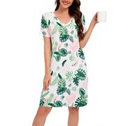 LUBOT Nightgowns for Women Bamboo Viscose Women's Nightgown Sleepshirts Soft Short Sleeve V Neck Summer Printed Nightgown Sleepwear Loungewear Nightshirt (White Monstera,M)