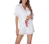 LUBOT Womens Pyjamas Set Bamboo, Soft Cooling Sleepwear Pjs for Ladies, 2 Piece Short Sleeve Nightware Loungewear with Collar and Button, Love Heart XL