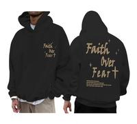 Lubpow Christian Faith Over Fear Hoodie for Men Inspirational Religious Jesus Sweatshirt Vintage Bible Verse Graphic Pullover, Black, XXL
