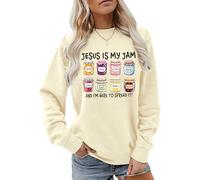 Lubpow Christian Sweatshirts for Women Cute Jesus Is My Jam Sweatshirt Funny Religious Faith Graphic Long Sleeve Pullovers, Apricot, XL