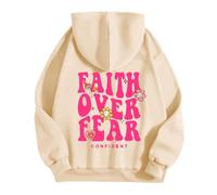 Lubpow Girl's Faith Over Fear Hoodie Christian Religious Inspirational Sweatshirt for Teen Girls Cute Cartoon Graphic Hoodies, Apricot, L