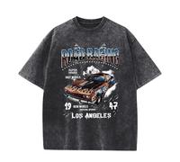 Lubpow Mens Graphic T-Shirts Oversized Acid Wash Tshirt Vintage Streetwear Shirt Cool Road Racing Printed Tee Los Angeles Top, Black, XL