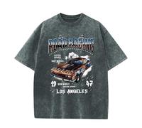 Lubpow Mens Graphic T-Shirts Oversized Acid Wash Tshirt Vintage Streetwear Shirt Cool Road Racing Printed Tee Los Angeles Top, Denim Blue, Medium
