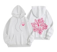 Lubpow Womens Cute Pink Flower Hoodie Aesthetic Preppy Hawaiian Hibiscus Sweatshirt Casual Puff Graphic Hoodies Pullover Tops, White, XL
