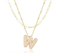 LUCA SMITH Initial Necklaces for Women, Dainty Balloon Bubble Letter, Name Letter Alphabet Pendant Layered Choker Chain Jewelry Gift, Brass, Cubic Zirconia