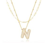 LUCA SMITH Initial Necklaces for Women, Dainty Balloon Bubble Letter, Name Letter Alphabet Pendant Layered Choker Chain Jewelry Gift, Brass, Cubic Zirconia
