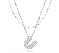 LUCA SMITH Initial Necklaces for Women, Dainty Balloon Bubble Letter, Name Letter Alphabet Pendant Layered Choker Chain Jewelry Gift, Brass, Cubic Zirconia