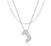 LUCA SMITH Initial Necklaces for Women, Dainty Balloon Bubble Letter, Name Letter Alphabet Pendant Layered Choker Chain Jewelry Gift, Brass, Cubic Zirconia