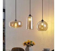 Lucande Wilja pendant light, amber, glass, 111 cm, 3-bulb, E27