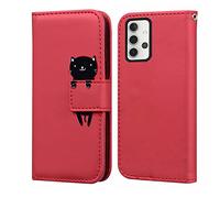 Lucasi Case for Samsung Galaxy A32 5G, 3D Cartoon Cat Leather Wallet Protective Case for Galaxy A32 5G (6.5 Inch), Red