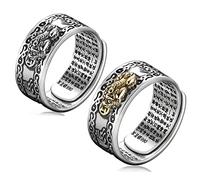 LucBuy 2PCS Feng Shui PiXiu Mantra Ring, Silver Buddhist Finger Rings, MANI Amulet Mantra Jewelry, Double Protection Wealth Love Band, Vintage Open Adjustable Rings Gift for Men Women (A14)