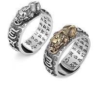 LucBuy 2PCS Feng Shui PiXiu Mantra Ring, Silver Buddhist Finger Rings, MANI Amulet Mantra Jewelry, Double Protection Wealth Love Band, Vintage Open Adjustable Rings Gift for Men Women (A15)