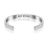 LucBuy Diamond Cuff Bracelets, Stainless Shining Bling Bling Steel Cuff Bangle Engraved ‘BEST BITCHES’ High Polished Jewelry Bracelet for Women Girls