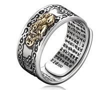 LucBuy Feng Shui PiXiu Mantra Ring, Silver Buddhist Finger Rings, MANI Amulet Mantra Jewelry, Double Protection Wealth Love Band, Vintage Open Adjustable Rings Gift for Men Women (A1)