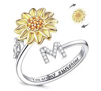 LucBuy Fidget Rings for Women, Silver CZ Letter Sunflower Spinner Finger Ring, Adjustable Size Stackable Stress Relief Anti-Anxiety Circle, Engraved‘You Are My Sunshine’ Inside Band Jewelry Gift (M)