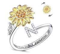LucBuy Fidget Rings for Women, Silver CZ Letter Sunflower Spinner Finger Ring, Adjustable Size Stackable Stress Relief Anti-Anxiety Circle, Engraved‘You Are My Sunshine’ Inside Band Jewelry Gift (N)