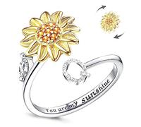 LucBuy Fidget Rings for Women, Silver CZ Letter Sunflower Spinner Finger Ring, Adjustable Size Stackable Stress Relief Anti-Anxiety Circle, Engraved‘You Are My Sunshine’ Inside Band Jewelry Gift (Q)