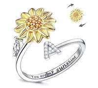 LucBuy Fidget Rings for Women, Silver CZ Letter Sunflower Spinner Finger Ring, Adjustable Size Stackable Stress Relief Anti-Anxiety Circle, Engraved‘You Are My Sunshine’ Inside Band Jewelry Gift (A)