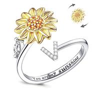 LucBuy Fidget Rings for Women, Silver CZ Letter Sunflower Spinner Finger Ring, Adjustable Size Stackable Stress Relief Anti-Anxiety Circle, Engraved‘You Are My Sunshine’ Inside Band Jewelry Gift (V)