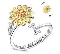 LucBuy Fidget Rings for Women, Silver CZ Letter Sunflower Spinner Finger Ring, Adjustable Size Stackable Stress Relief Anti-Anxiety Circle, Engraved‘You Are My Sunshine’ Inside Band Jewelry Gift (I)