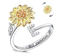 LucBuy Fidget Rings for Women, Silver CZ Letter Sunflower Spinner Finger Ring, Adjustable Size Stackable Stress Relief Anti-Anxiety Circle, Engraved‘You Are My Sunshine’ Inside Band Jewelry Gift (E)