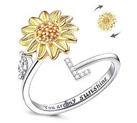 LucBuy Fidget Rings for Women, Silver CZ Letter Sunflower Spinner Finger Ring, Adjustable Size Stackable Stress Relief Anti-Anxiety Circle, Engraved‘You Are My Sunshine’ Inside Band Jewelry Gift (L)